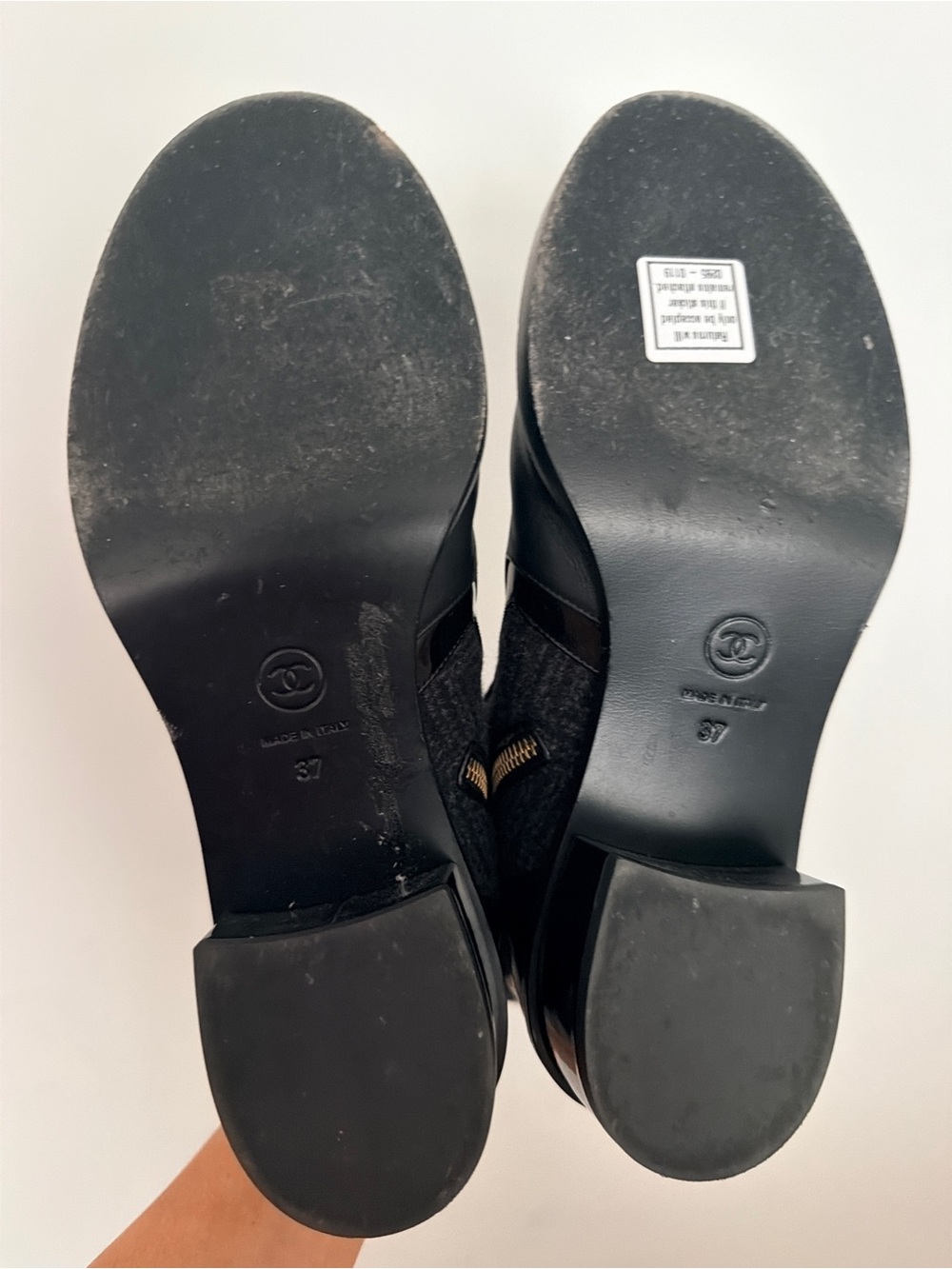 CHANEL Black Tweed & Leather Ankle Booties with Gold Zip Pull - Picture 10 of 11